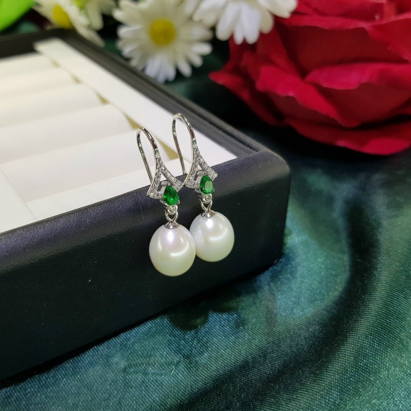 Hoa tai ngọc trai đính đá xanh HTĐX